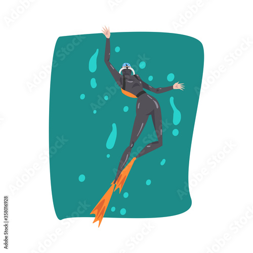 Male Diver in Wetsuit, Snorkel, Mask and Flippers Diving in the Sea, Summer Water Sport Cartoon Style Vector Illustration