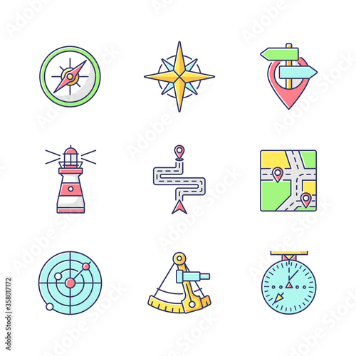 Navigation RGB color icons set. Geographical location positioning, cartography. Marine, aeronautic, celestial and land navigation. Isolated vector illustrations