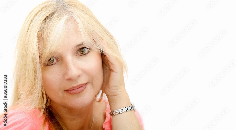 portrait of mature blond woman isolated on white background portrait of mature blond woman isolated on white background