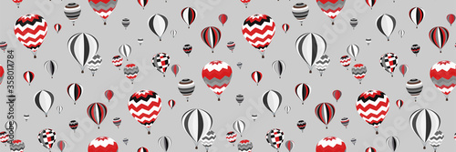 Retro seamless pattern with balloons on light grey background. Creative print in black and white (monochrome) colors with  red. Vector template for Wallpaper, banners, posters, modern vintage design.