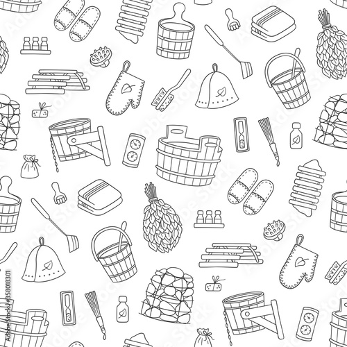 Sauna accessories - washer, broom, tub, bucket, pot and other. Bathhouse wooden accessories. Hand drawn seamless pattern. Vector illustration in doodle style on white background.