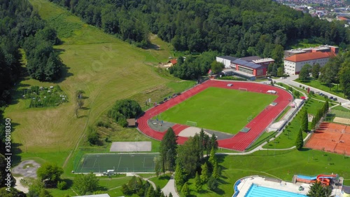 Aerial orbit of deserted sports Center at Ravne na Koroskem, Slovenia photo