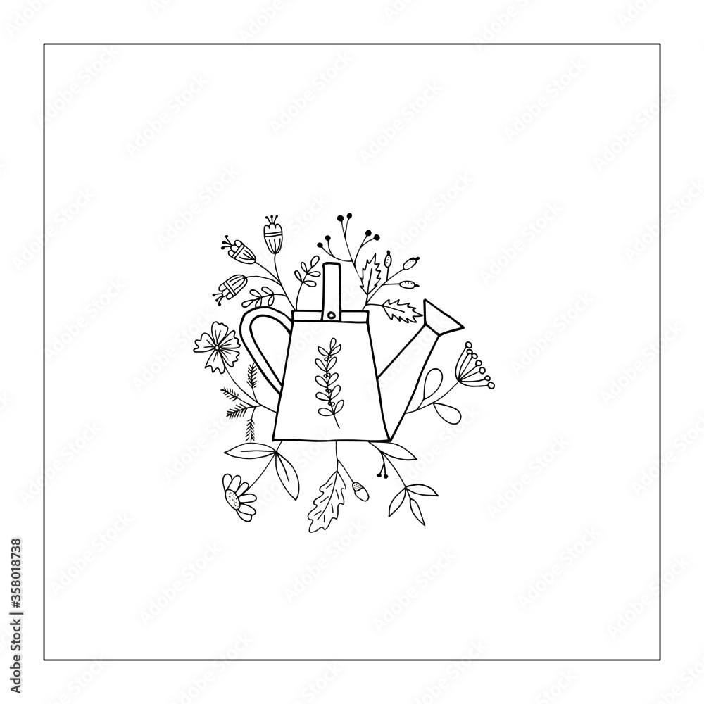 Vector image pattern of watering cans and primitive flowers