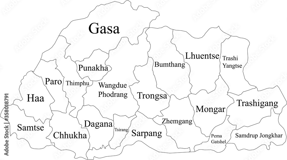 White Labeled Districts Map of Asian Country of Bhutan