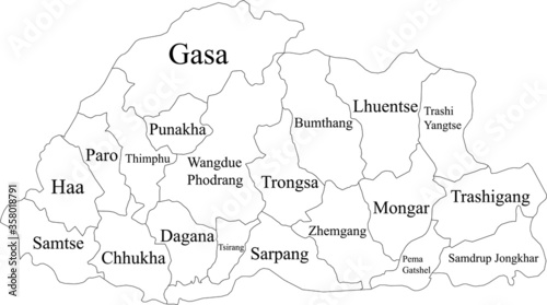 White Labeled Districts Map of Asian Country of Bhutan