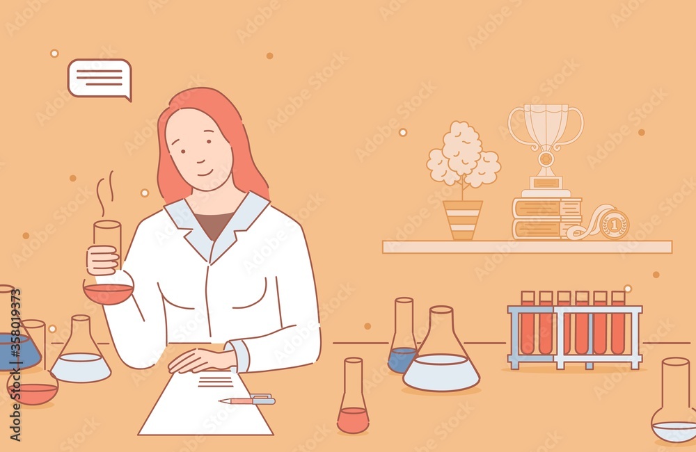 Young smiling woman in lab coat making chemist analysis vector cartoon outline illustration. Girl in laboratory studying chemistry, conduct experiments, doing medicine researches and developments. Young smiling woman in lab coat making chemist analysis vector cartoon outline illustration. Girl in laboratory studying chemistry, conduct experiments, doing medicine researches and developments.