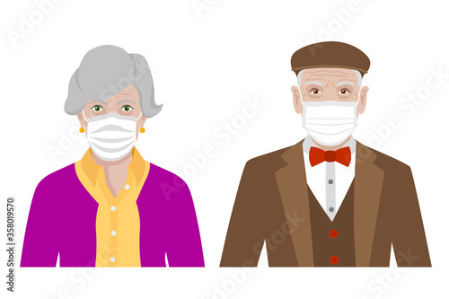 Front view cartoon vector set of a stylish old man and a woman wearing protective face mask - covid-19 safety measures, restriction, covering face to prevent spread of the virus