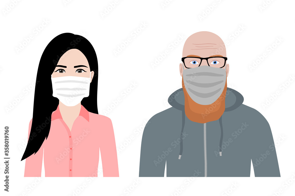 Front view cartoon vector set of a ginger bearded man and an asian woman wearing protective face mask - covid-19 safety measures, restriction, covering face to prevent spread of the virus Front view cartoon vector set of a ginger bearded man and an asian woman wearing protective face mask - covid-19 safety measures, restriction, covering face to prevent spread of the virus