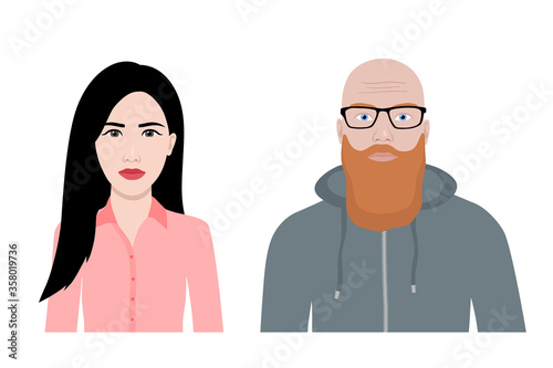Front view cartoon vector set of a ginger bearded man and an asian woman