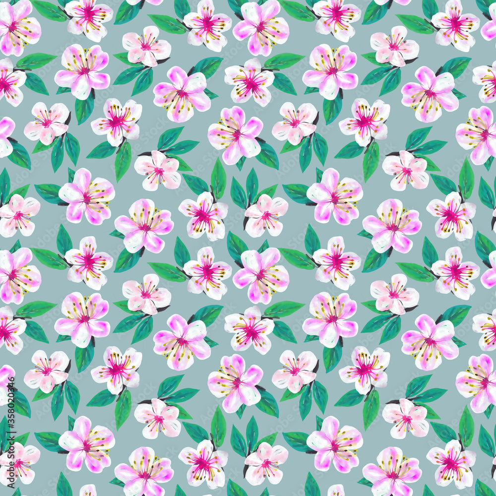 Bright seamless pattern with cherry blossom. Cute summer floral background. Illustration for paper and textile design.