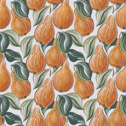 Digital painted seamless pattern with pears. Summer fruits background. Illustration for paper and textile design.