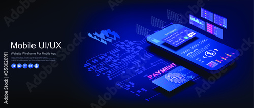 Online banking. Mobile application with online banking. Smart wallet for payment by debit credit card for smartphone. Online payment of electronic payments. Creative isometric view template