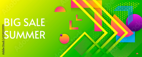 Summer Big Sale vector banner design concept with geometric lines and dots. Bright neon colors background for text. Vector stock illustration eps 10