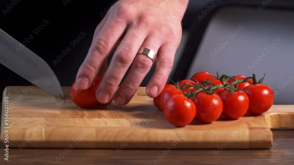 Chef Cutting Tomato Vegetables on Wooden Board Slow Motion Close Up Details Chef Cutting Tomato Vegetables on Wooden Board Slow Motion Close Up Details