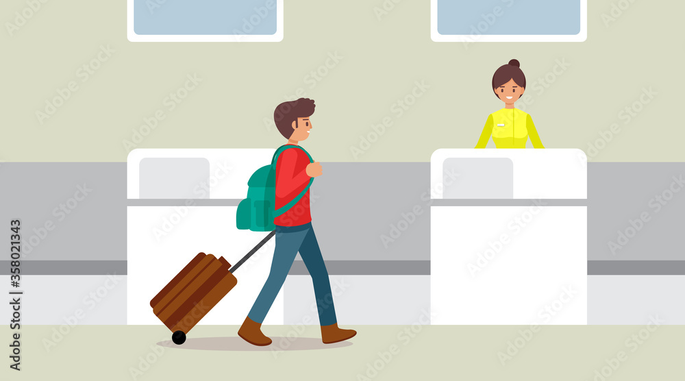 Traveling young man walking at the airport terminal with suitcase, Vector illustration Traveling young man walking at the airport terminal with suitcase, Vector illustration