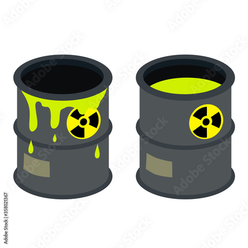 Barrel of radioactive waste. Radiation and green liquid. Dangerous object. Problems of ecology and irradiation. Flat Hazardous tank. Industry and technology.