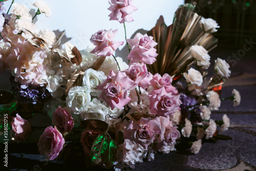 Wedding flower arrangement and decoration. Empty copyspace and space for text. Holiday accessories and backgrounds