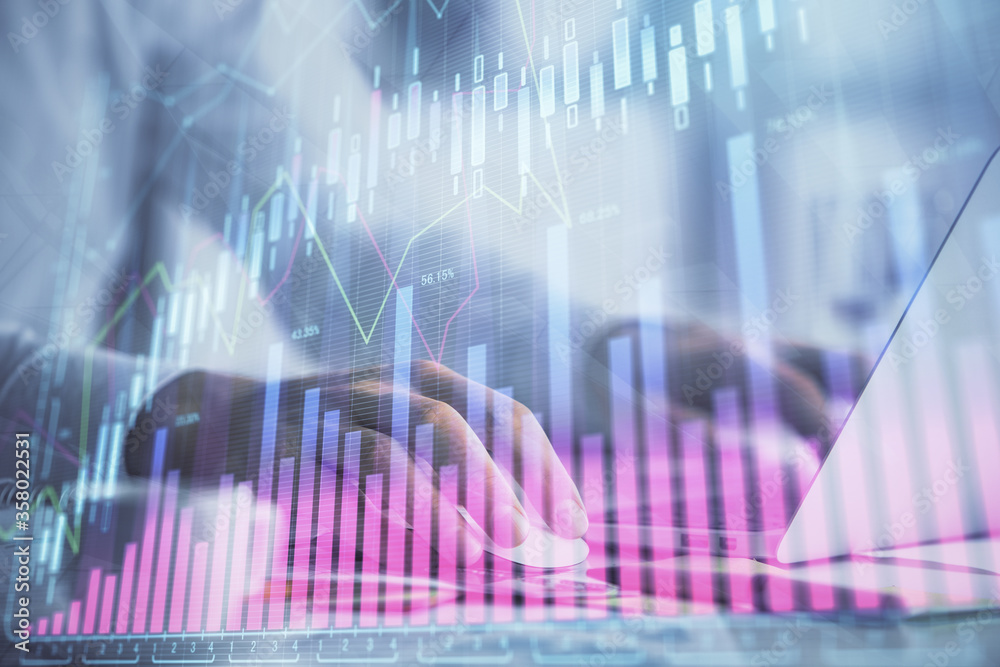 Double exposure of forex graph with man working on computer on background. Concept of market analysis. Double exposure of forex graph with man working on computer on background. Concept of market analysis.