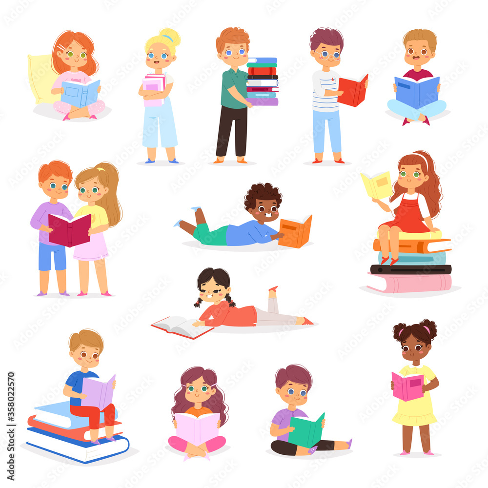 Cartoon set of reading children. Collection of multinational boys and girls loving to read books, enjoying literature and study. Bundle of cute little smart kids isolated on white. Vector illustration Cartoon set of reading children. Collection of multinational boys and girls loving to read books, enjoying literature and study. Bundle of cute little smart kids isolated on white. Vector illustration