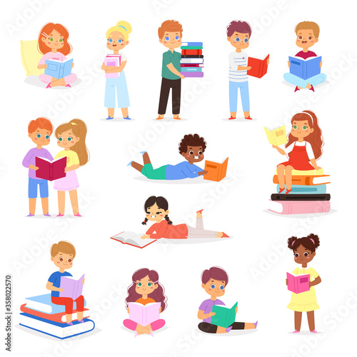 Cartoon set of reading children. Collection of multinational boys and girls loving to read books, enjoying literature and study. Bundle of cute little smart kids isolated on white. Vector illustration