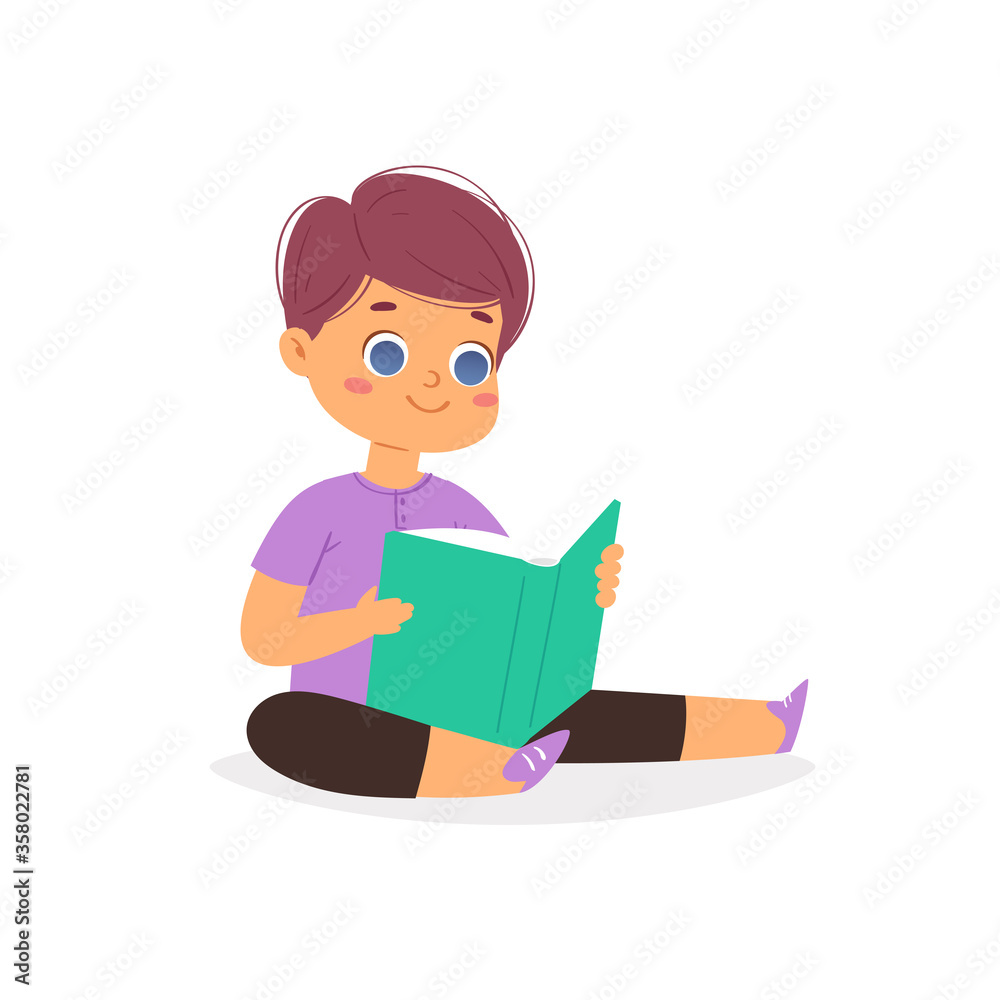 Cartoon reading kid, setting with book. European smiling boy loving to read books, enjoying literature and study. Cute little smart pupil isolated on white background. Vector illustration