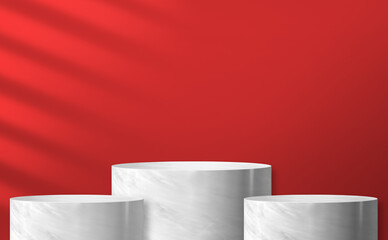 marble cylinder podium product display at red background and sunlight