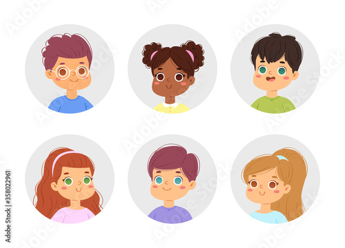 Big bundle set of different multinational children faces. Happy cute boy and girl avatars. Vector illustration of teenagers or pupil kids heads isolated on white background, pic icons for online game