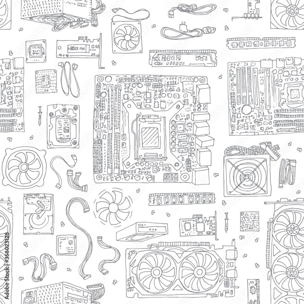 seamless pattern of Electronic component of desktop computer. Motherboard, processor, video card, memory, hdd