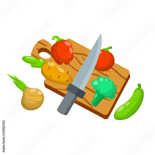 Cutting Board. Wooden kitchen utensils. Cooking food and vegetables. Tomato, onion, cucumber and pepper. Veggie salad. Cartoon flat illustration isolated on white