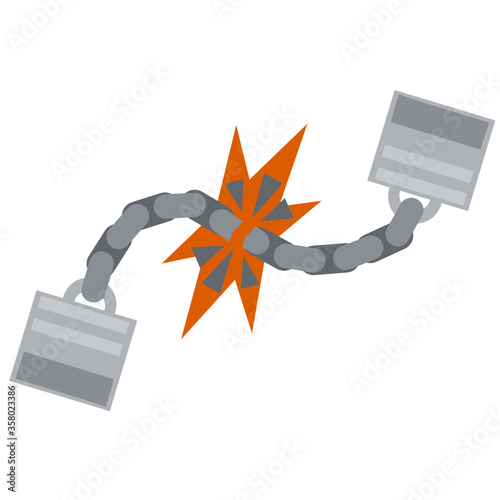 Handcuff. Icon of arrest of offender. Element of police and prisons. Restriction of freedom and release. Broken Shackles for hand. Damaged chain.