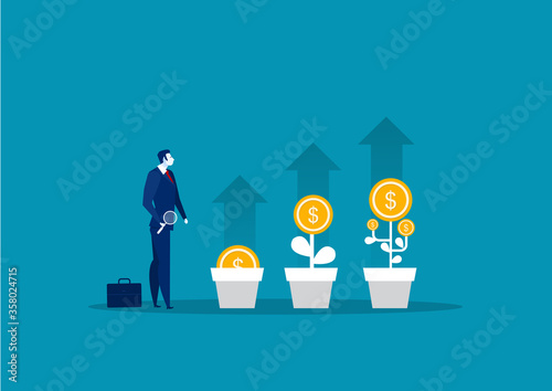  Business man plant a money tree or picking dollars from money tree. Business growth, Vector illustration