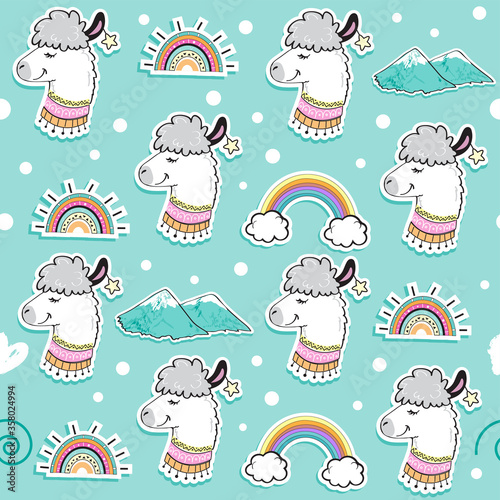 Cute head llama on a blue background seamless pattern