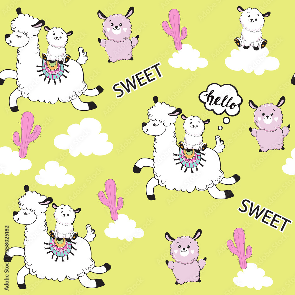Beautiful llama with babies on a yellow background seamless pattern