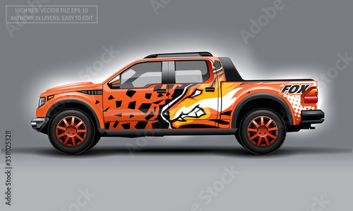 Editable template for wrap SUV with orange evil fox decal. Hi-res vector graphics.