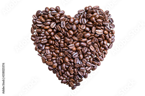 Closeup shot of heart shaped coffee beans isolated on white background. Seed nature from above view. Group agriculture grain arabica. Photos from the top view. Love Valentine concept.