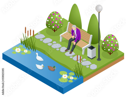 Isometric old man, senior relaxing and walking in the park near the lake. Active and healthy relaxation.