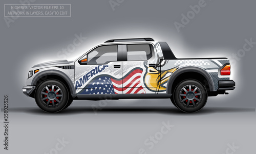 Editable template for wrap SUV with USA flag and Eagle decal. Hi-res vector graphics.