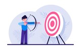 Concept of market target, business goal, achievement strategy, attaining financial objective. Archer or bowman holding bow and arrow, aiming and shooting. Modern flat illustration.