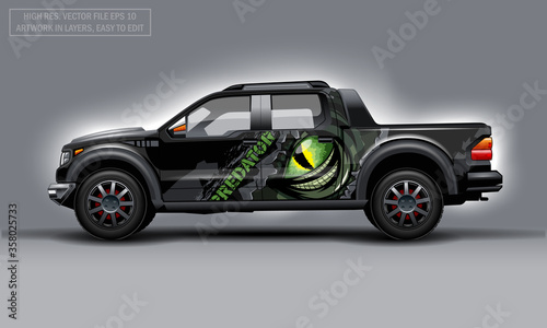 Editable template for wrap SUV with scary eye and Predator text decal. Hi-res vector graphics.