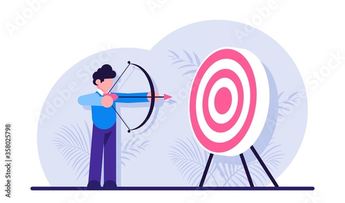Concept of market target, business goal, achievement strategy, attaining financial objective. Archer or bowman holding bow and arrow, aiming and shooting. Modern flat illustration.