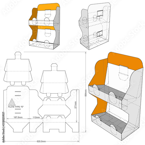 Counter display stand and Die-cut Pattern. The .eps file is full scale and fully functional. Prepared for real cardboard production.