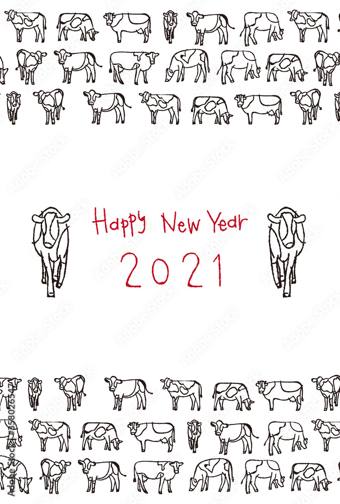 2021年 丑年の年賀状 たくさん並んでいる牛 Happy New Year 2021年 丑年の年賀状 たくさん並んでいる牛 Happy New Year