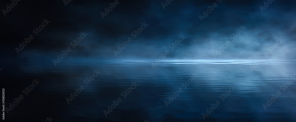 Dark empty scene, blue neon searchlight light, wet asphalt, smoke, night view, rays. Reflection on the water, night view. Liquid. 3d illustration.