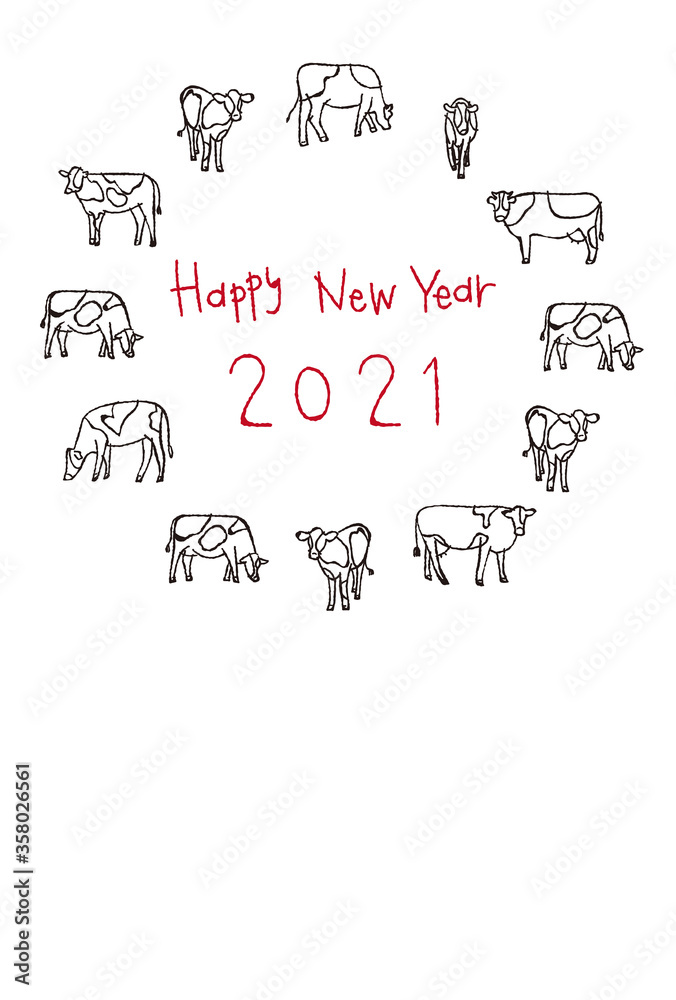 2021年　丑年の年賀状　ぐるっとたくさんの牛　Happy New Year