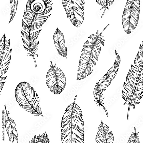 Hand drawn seamless pattern with feathers on white background.