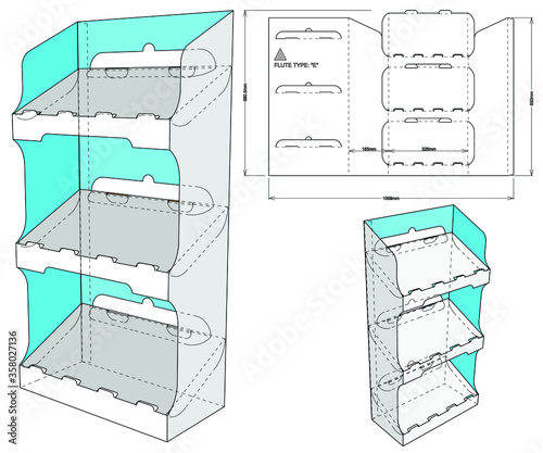 Counter display stand and Die-cut Pattern. The .eps file is full scale and fully functional. Prepared for real cardboard production.