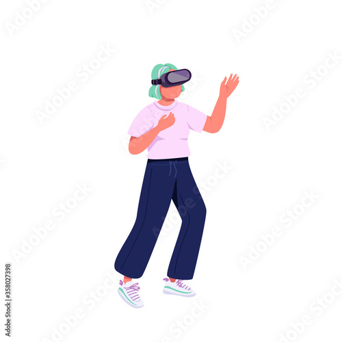 Young woman in VR headset flat color vector faceless character