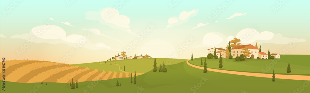 Autumn countryside view flat color vector illustration