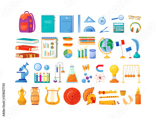 School subjects and supplies flat color vector objects set