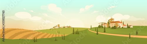 Autumn countryside view flat color vector illustration